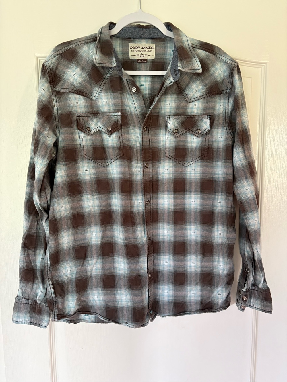 Cody James Men’s L Pearl Snap Western Plaid Shirt Blue Brown 100% Cotton